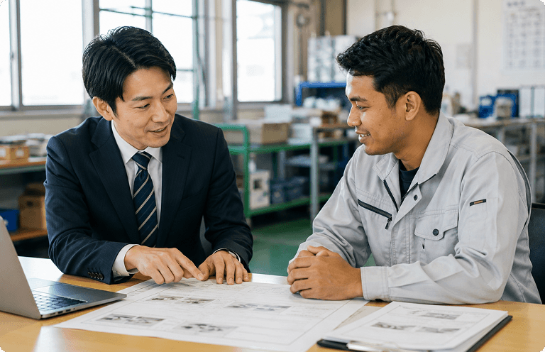 資料を見ながら話している男女